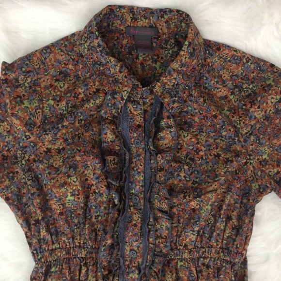 Fire Los Angeles Tops - Fall floral ruffle front button up pocket tunic